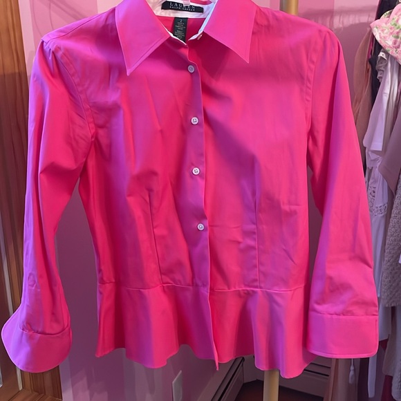 Ralph Lauren Peplum Hot Pink and White Button Up Shirt - Picture 5 of 6